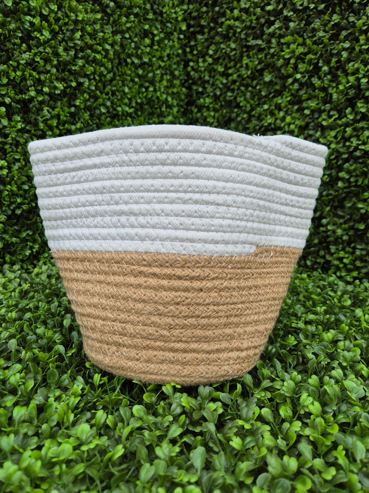 Rope Woven Storage Bag Small Natural and Cream (Dimensions 20cm diameter x 19cm high)