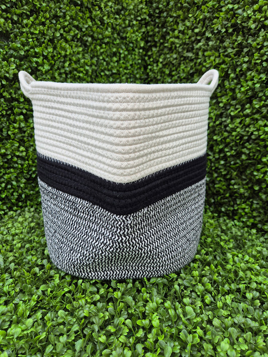 Rope Woven Storage Bag Medium Black and Cream (Dimensions 28cm diameter x 29cm high)